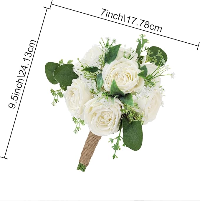 White Bridesmaid Bouquets for Wedding - 7 Inch Ivory Artificial Flowers Bouquets for Ceremony Anniversary Centerpieces Decorations