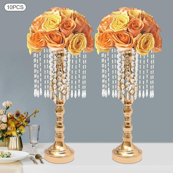 Vase | Bud Vases |10PCS Gold Crystal Flower Stands | Elegant Centerpiece for Weddings & Events | for Wedding Table Centerpieces, Aisle Guides, Party Decorations (Gold)