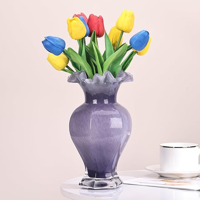 9.5" Tall Purple Glass Vase Beautiful Hand Blown Glass Decor Flowers Vases for Centerpieces, Modern Murano Glass Art Purple Vase, for Home Decor Table Entryway Wedding Decoration