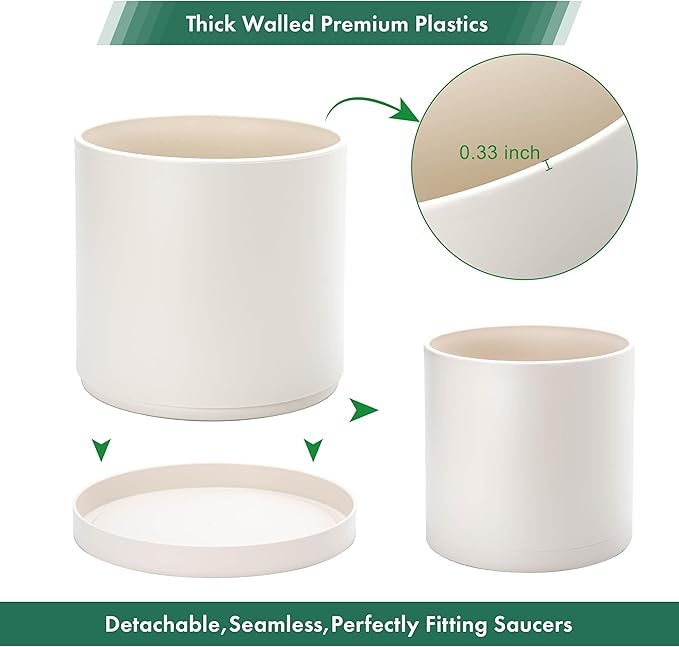 D'vine Dev 12 Inch Plastic Planter Pots for Plant Pot with Drainage Hole and Seamless Saucers, Oatmeal, 74-X-H-3