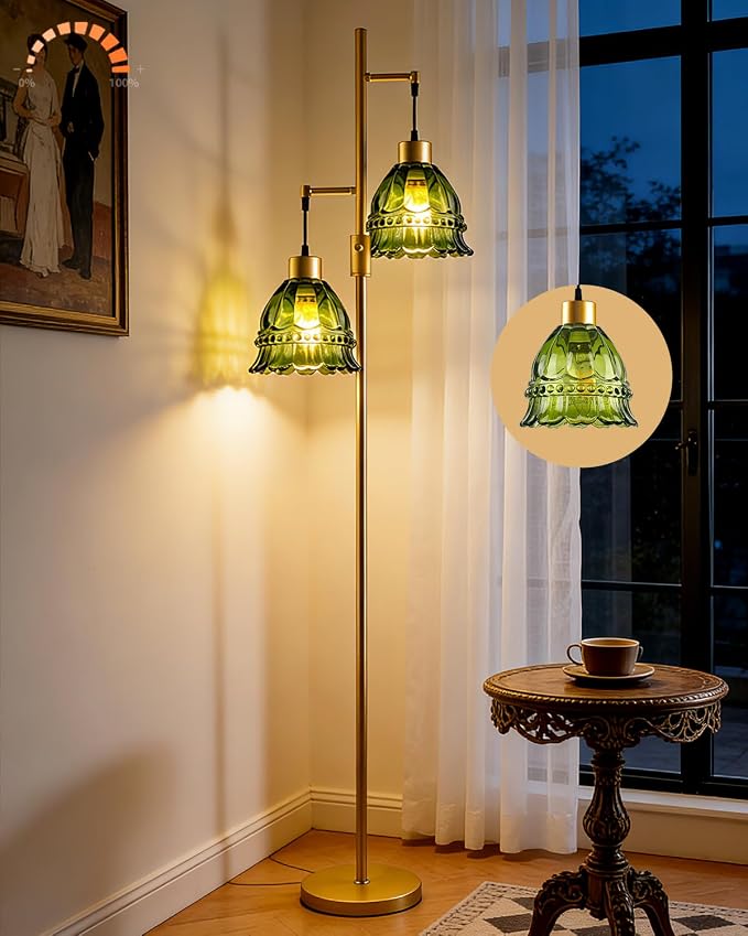 Lightdot 65IN Glass Floor Lamp for Living Room, 2- Light Gold Flower Floor Lamps with Green Glass Lampshade, 3000K Warm White Modern Standing Tall Lamp with 5Lbs Heavy Base for Bedroom Corner