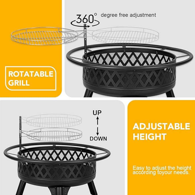 Panovue 38 Inch Wood Burning Fire Pit for Outside, Round Firepit with Grill & Metal Lid, Metal Outdoor Fire Pit Table for Patio Backyard Garden Bonfire Party