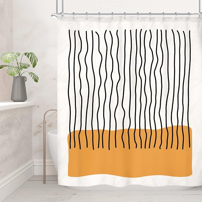 Riyidecor Abstract Mid Century Shower Curtain Modern Minimalist Vertical Stripe and Orange Block 60Wx72H Inch Black Line Colorful Art Painting Fabric Decor Bathroom Polyester Waterproof 12 Pack Hooks