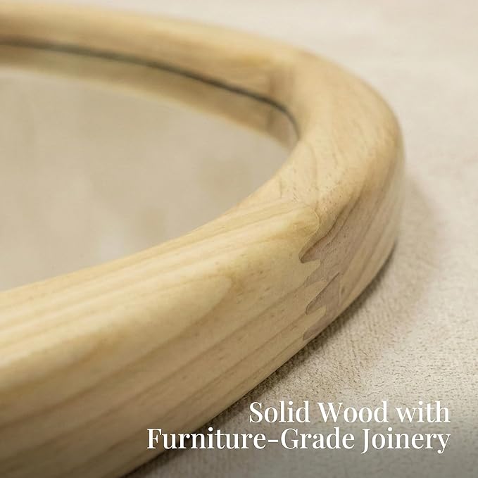 Natural Wood Round Mirror 24 Inch, Solid Wood Framed Wall Mirror with Irregular Wavy Inner Edge for Bathroom Vanity, Bedroom & Boho Decor