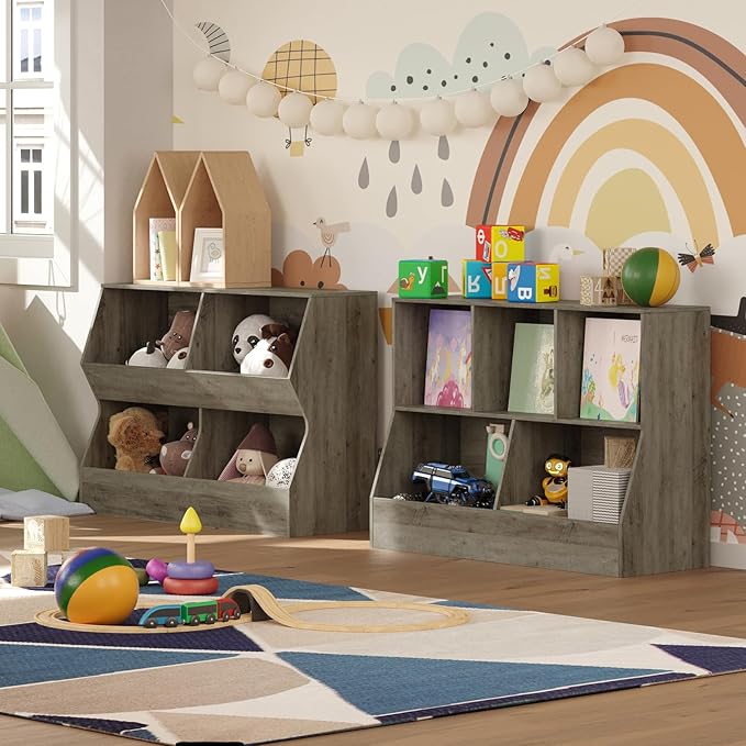 DINZI LVJ Kids Bookshelf, Toy Storage Organizer, Wooden Toy Storage Cabinet, 4 Cubby Children Bookcase, 43.3" L Toddler Book Shelf for Bedroom, Nursery, Hallway, School, Gray Wash