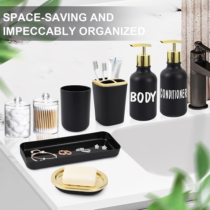 XLHOMO Black and Gold Bathroom Accessories Set - 10 Piece Bathroom Sets with Trash Can, Soap Dispenser, Soap Dish, Toothbrush Holder and Cup, Toilet Brush, Qtip Holder, Bathroom Accessory Set Complete