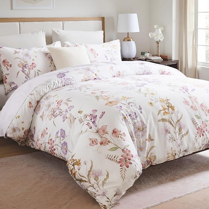 100% Cotton Duvet Cover King Size – Pastel Lavender Print Vintage Bedding Set with Zipper Closure, 3 Pieces Luxury & Silky Soft Comforter Cover for All Seasons