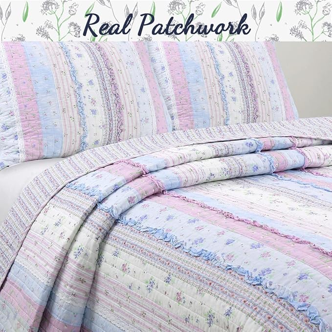 Cozy Line Home Fashions Shabby Chic Romantic Lace Purple Blue Floral Cotton Bedding Quilt Set, Reversible Coverlet, Bedspread (Lavender, Twin-3 Piece: 1 Quilt+1 Sham+1 Decor Pillow)