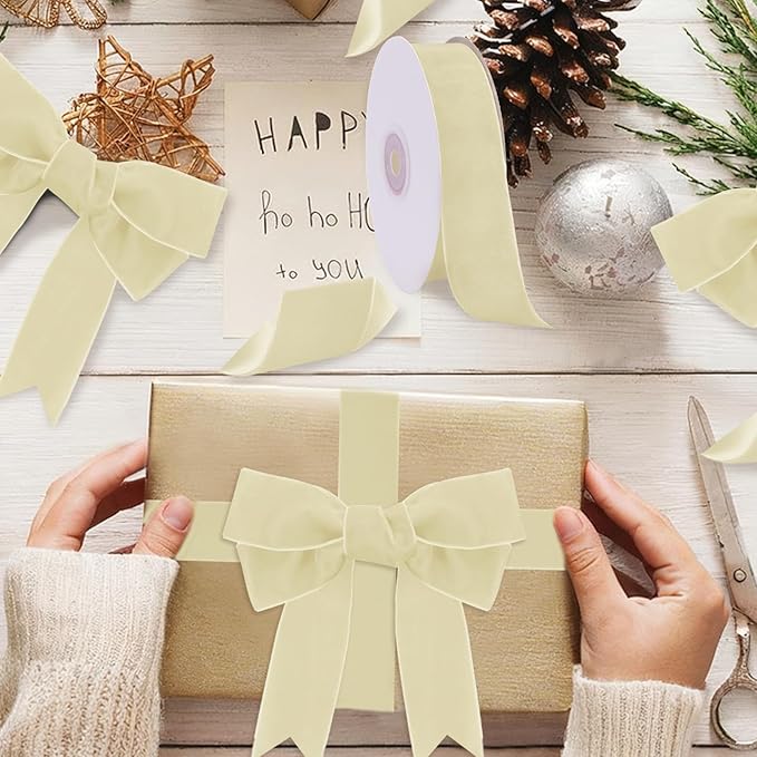 10 Yards Cream Velvet Ribbon 1 1/2 Inch for Christmas Tree,Ivory Velvet Christmas Ribbon for Gift Wrapping Crafts Bow Wreath Holiday Decorations (Cream)
