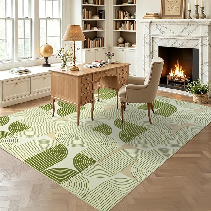 Rugs for Living Room, Soft Green Area Rug for Bedroom 6x9, Washable Mid Century Modern Rug, Non Slip Indoor Floor Boho Low Pile Abstract Carpet for Dining Room Nursery Office Home