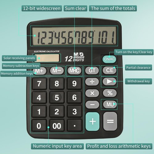 M&G Desk Calculator - 12 Digit Office Calculator with Large LCD Display & Dual Power | Black, Pack of 5