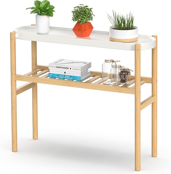 Wisuce Bamboo Plant Stands Indoor, 2 Tier Steel Tray Tall Corner Plant Stand Holder & Plant Display Rack for Outdoor Garden Indoor Home (1 - 2 Tier)