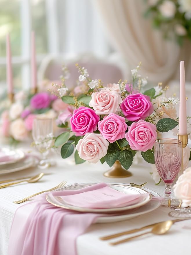 InnoGear Artificial Flowers, 100 Pcs Shades of Pink Foam Fake Roses Bulk with Stems for Decoration Celebration DIY Wedding Bouquets Centerpieces Bridal Shower Party Christmas Tree