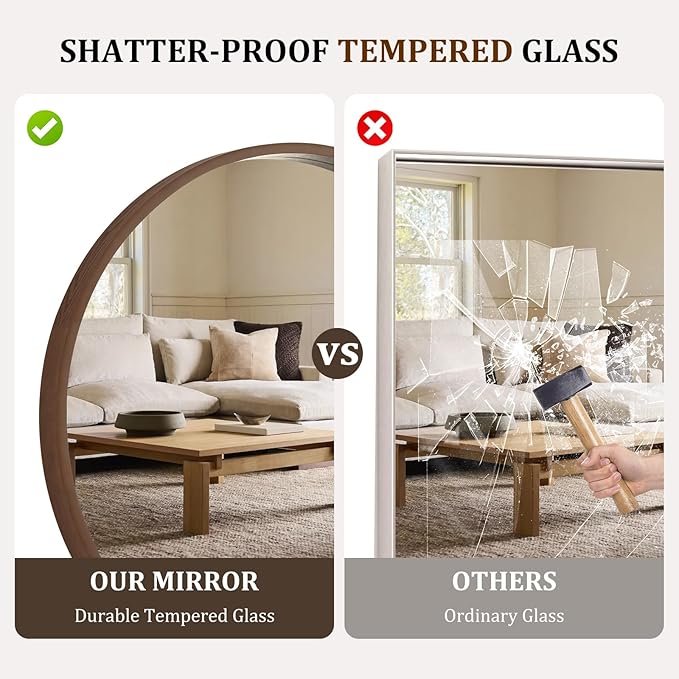 WallBeyond 36 Inch Round Wood Mirror, Large Circle Wooden Frame Wall Mirror for Bathroom, Living Room, Bedroom, Entryway (Walnut)