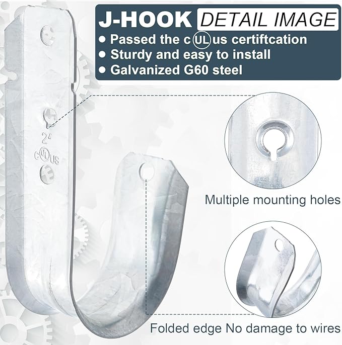 COCODE 50 Pack Wall Mount 2’’ J Hooks with Retainer Clip Galvanized Steel Cable Hangers Heavy Duty Utility Hooks Cable Management Support for Structured Cabling