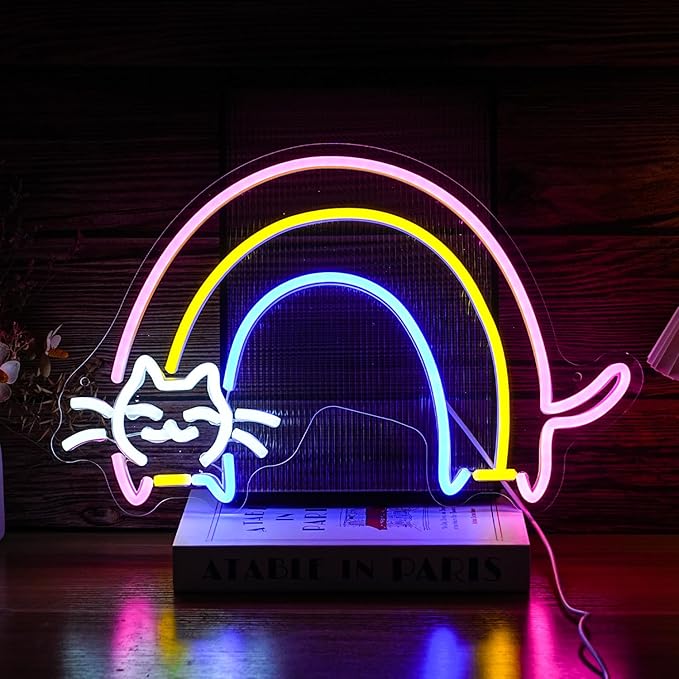 Rainbow Cat Neon Sign Cute Cat Led Light Up Sign Powered by USB Dimmable Colorful Rainbow Neon Light for Bedroom Kids Room Cat Cafe Bar Man Cave Wall Decor