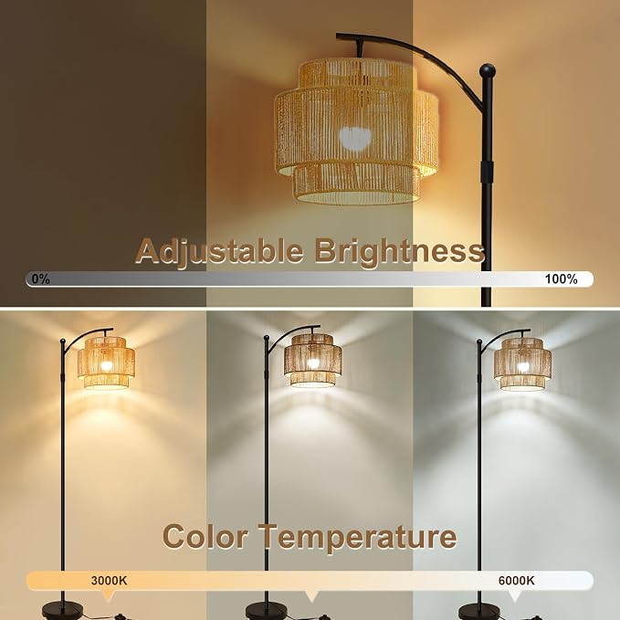 Rattan Floor Lamp with 3 Color Temperatures, Dimmable Boho Floor Lamp with Remote Control, Adjustable Height Tall Lamp for Living Room, Bedroom, Office, Wicker Standing Lamp with Foot Switch
