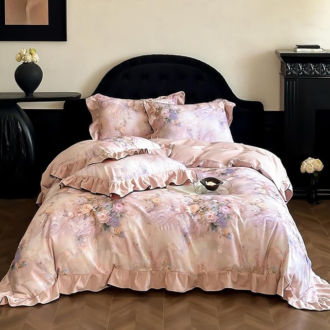 HighBuy Pink Floral Ruffle Duvet Cover Set Twin,Ruffle Comforter Cover Chic Cottagecore Brushed Cotton Breathable for Teen Girls,3 Piece Farmhouse Bedding Set(1 Duvet Cover,2 Pillowcases)