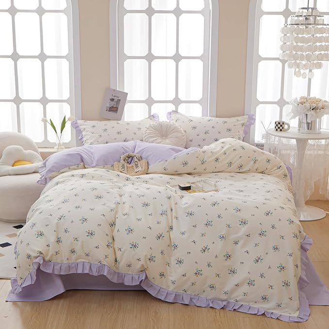 Purple Lace Duvet Cover Queen Soft 100% Cotton Purple Flower Duvet Cover Girls Floral Comforter Cover Garden Style Princess Bedding Set Cottagecore Flower Ruffle Comforter Cover with Zipper Closure