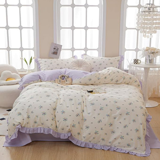 Lace Floral Duvet Cover Twin Cotton Purple Flower 3 Pieces Girls Comforter Cover Garden Style Princess Bedding Set Boho Botanical With Zipper Closure