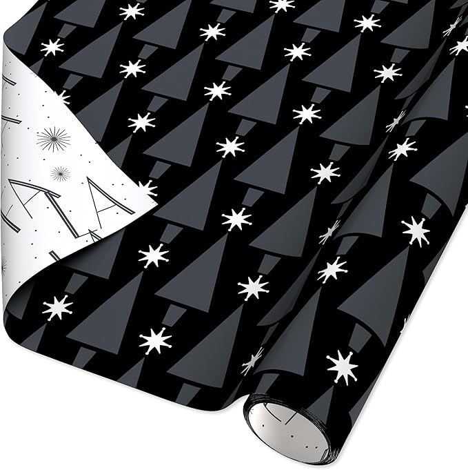 American Greetings Reversible Modern Black Christmas Wrapping Paper Roll, White, Silver, and Black Holiday Gift Wrap (60 sq. ft., 1 Standard Roll Wrap-30 in. x 24 ft.) Fa La La and Trees