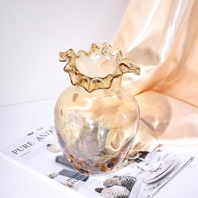 Hand Blown Amber Glass vase, Unique Glass Wide Mouth vase for Console Office TV Stand Coffee Table entryway Entrance Desktop Living Room Dining Table Centerpiece.