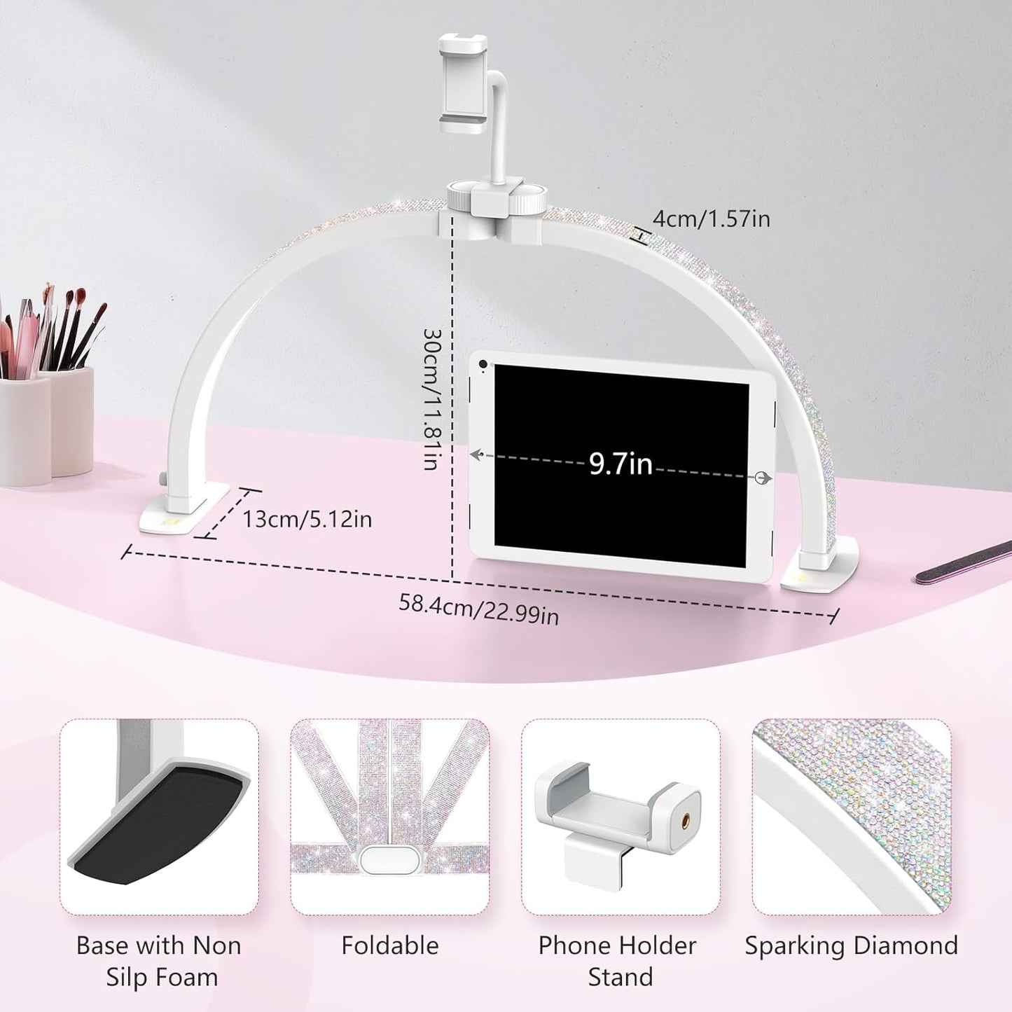 Yokilly Half Moon Desk Lamp - 23" Foldable Nail Tech Light with Phone Holder & 3 Color Modes (Diamond, Small)