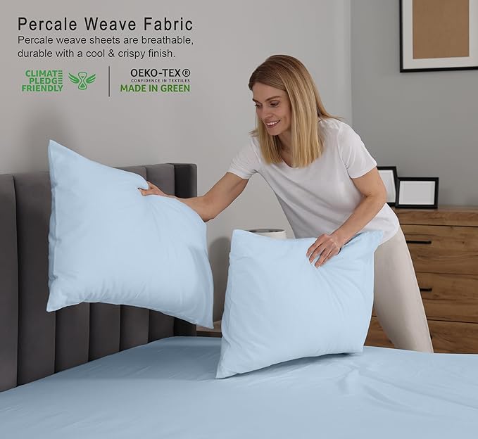 RUVANTI 100% Cotton Split King Sheets Sets for Adjustable Bed, 5 PCs, Soft & Breathable Percale Weave Bedding, Deep Pocket 16", Hotel Standard, Crisp Cool Feel & Durable, Dyed Sheet, Baby Blue