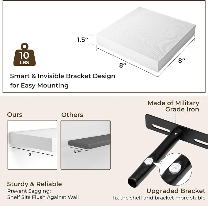 RICHFOCUS 8 Inch Floating Shelves for Wall Small Square Shelves Set for Bedroom|Kitchen|Bathroom|Laundry Room Rustic Wood Wall Mounted Shelf with Invisible Brackets for Books|Storage|Decor, White
