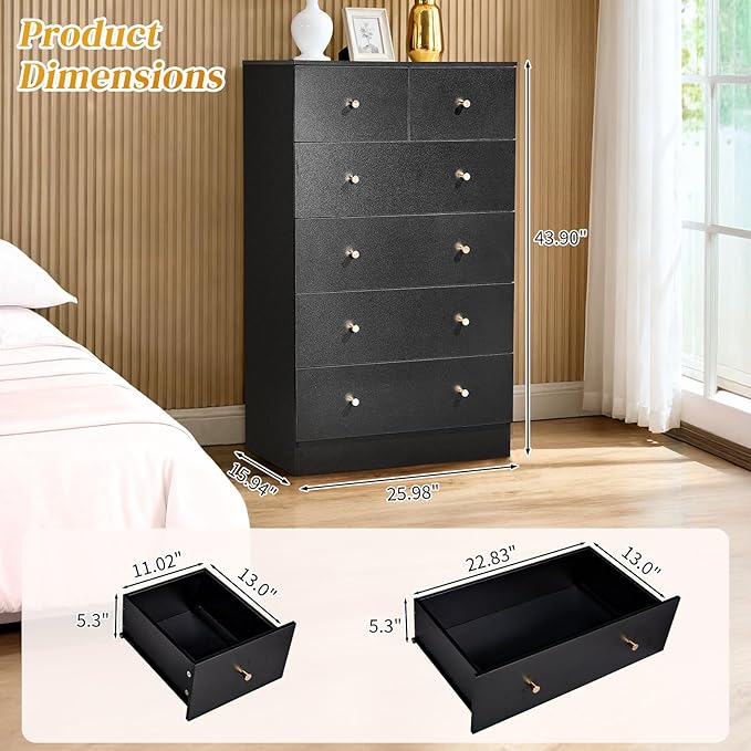 Karl home Black 6 Drawer Dresser for Bedroom, Modern Wood Dresser Chest of Drawers, Pink Bedroom Dressers for Girls, Anti-Tipping Device, Rose Gold Metal Handle, Living Room, Entryway, Hallway, Office