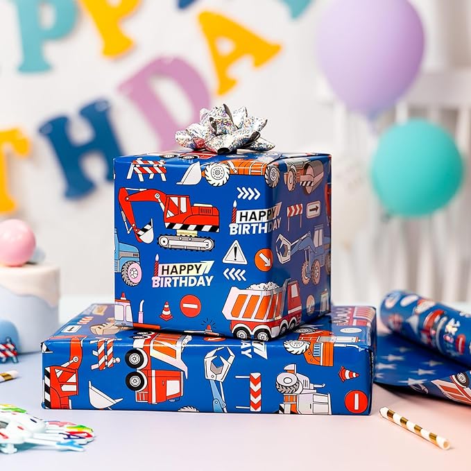 Homeral Blue Construction Truck Birthday Wrapping Paper Roll for Kids, Digger Tractor Truck with Laser Shine & Stars Reversible Gift Wrap for Boys Birthday, Baby Shower - Mini Roll - 17 Inch x 33 Feet