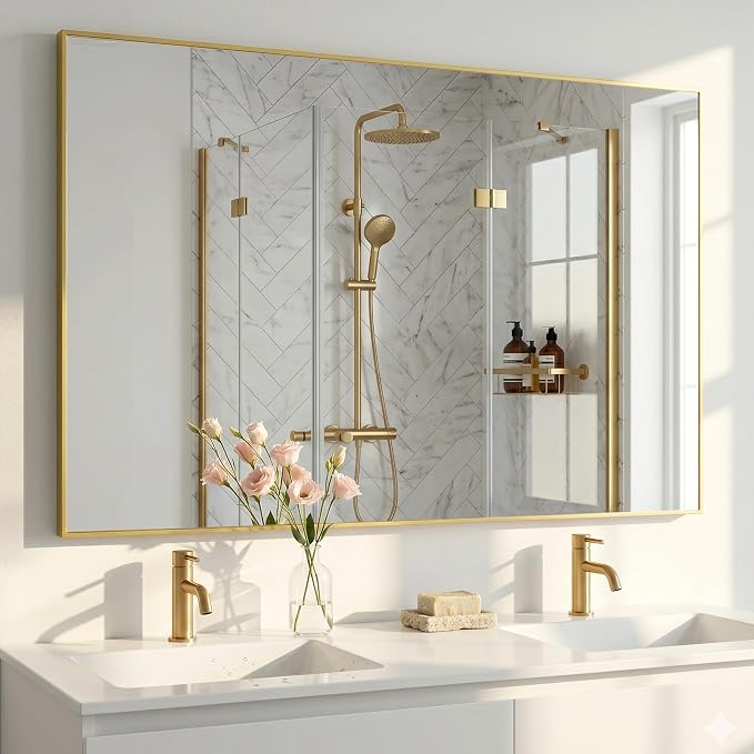 48"x36" Gold Landscape Bathroom Mirror for 48-60 inch Vanity, Shatterproof Tempered Glass, Narrow Metal Frame, Ultra-Flush Mount