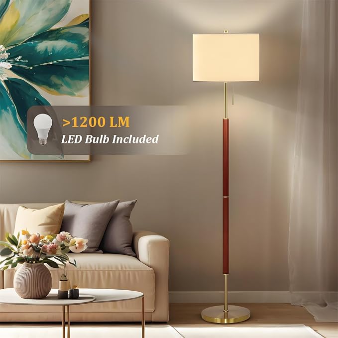 62" Walnut Gold Floor Lamp for Living Room, 1200LM 3-Way Dimmable Mid Century Modern Floor Lamp for Bedroom Office, Wood Vintage Standing Lamp Linen Shade, LED Bulb Included
