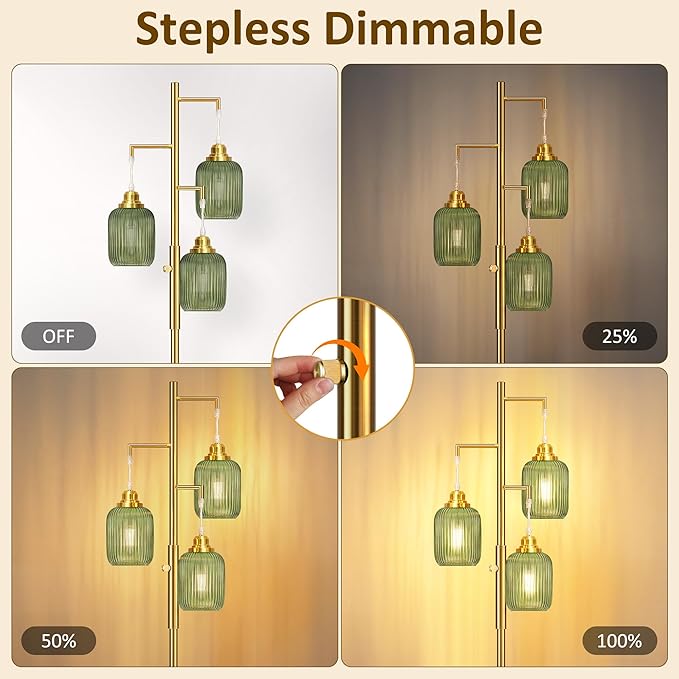 ROTTOGOON Dimmable Gold Floor Lamp for Living Room- 3 Light Green Glass Floor Lamps, Vintage Brass Tree Floor Lamps with 3X 6W LED Bulbs, Modern Standing Tall Lamp for Bedroom, 68", Gold & Green Glass