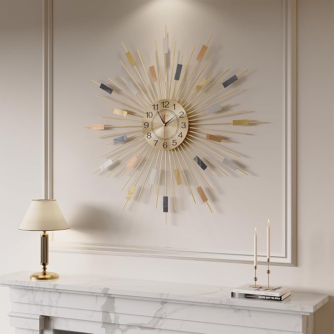 Cuspin Large Gold Wall Clock 30 Inch Clocks for Living Room Decor, Mid Century Modern Colorful Sunburst Design, Decorative Battery Operated Wall Clock for Dining Room, Bedroom, Office