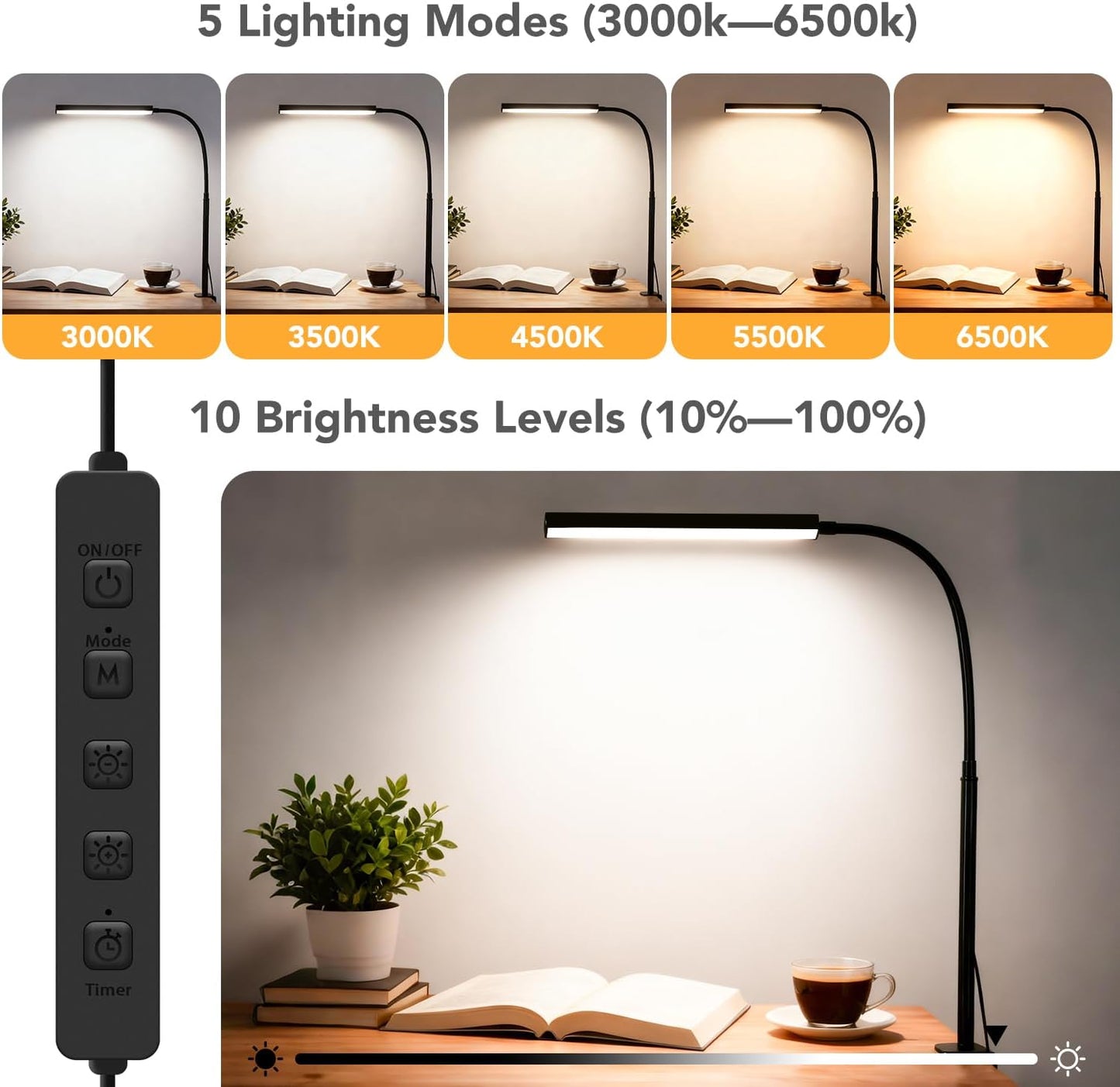 Skiennix LED Desk Lamp - Eye-Caring Clip-On Light with 5 Modes & 10 Brightness Levels | Flexible Gooseneck, Black