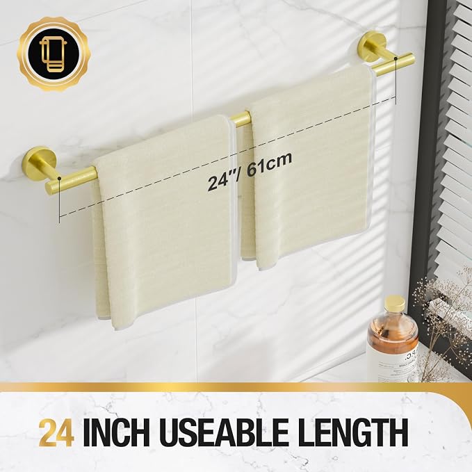 HITSLAM Gold 24 Inch Towel Bar for Bathroom, SUS304 Stainless Steel Bathroom Towel Rack Wall Mounted, Modern Home Decor Bath Towel Holder with Hardware Accessories (Total Length 25.7 Inch)