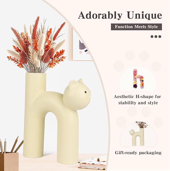 Cat Lover Gift – Minimalist Animal Vase for Dried Flowers, Pampas Grass – Calm Shelf Decor for Women, Cat Moms, Girlfriend, or Neutral Rooms