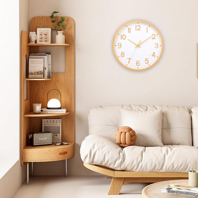 Wall Clocks Battery Operated 10 inch Modern Wall Clock,Silent Non Ticking Wall Clock for Living Room Bedroom Kitchen Office Classroom Decor (Wood Grain Yellow White)
