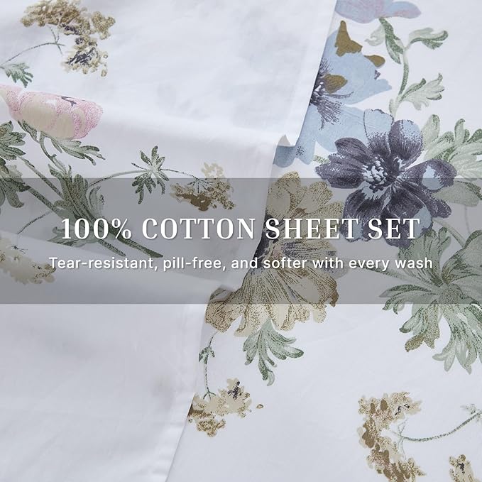 100% Cotton Sheet Set King Size – 4-Piece Vintage Floral Chic Bedding Set, Soft Breathable Percale Weave, Deep Pocket Fitted Sheet 17.5", Crisp Cool Feel, Refined Botanical Elegance