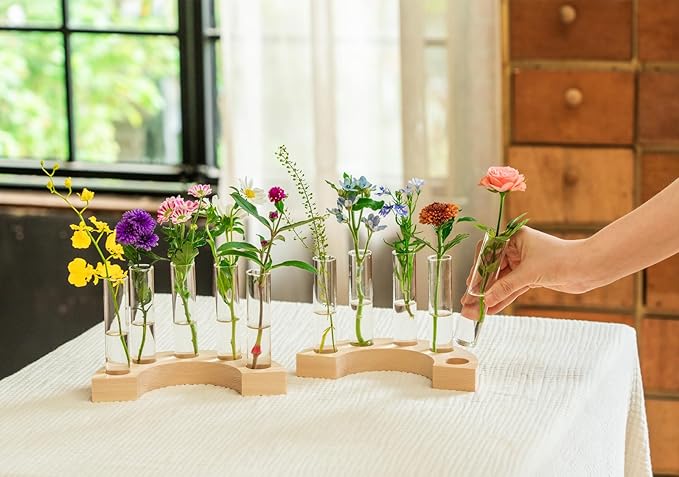 Melphoe Glass Bud Vases Small Flower Vase for Centerpieces Wedding Table Decorations, Home Decor, Propagation Station Plant Terrarium with Wooden Stand, Unique Plant Lover Gifts for Women (Beige)