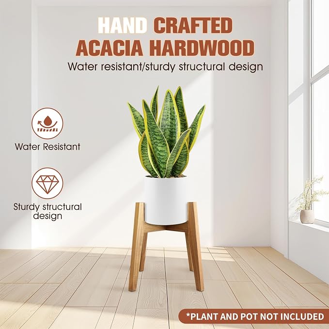 RAINBLELAND Indoor Plant Stand, Mid Century Modern Plant Holder, Pot Stand for Large Plants, Stable Wood Planter Stand for Indoor Outdoor, Fit 11 Inch Pots