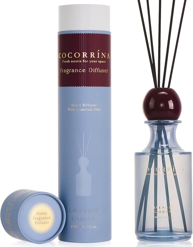 COCORRÍNA Lavender Garden Reed Diffuser 8.5 oz, Home Fragrance Oil Diffuser with 6 Reed Sticks, Long-Lasting Scent for Bathroom, Bedroom & Home Décor