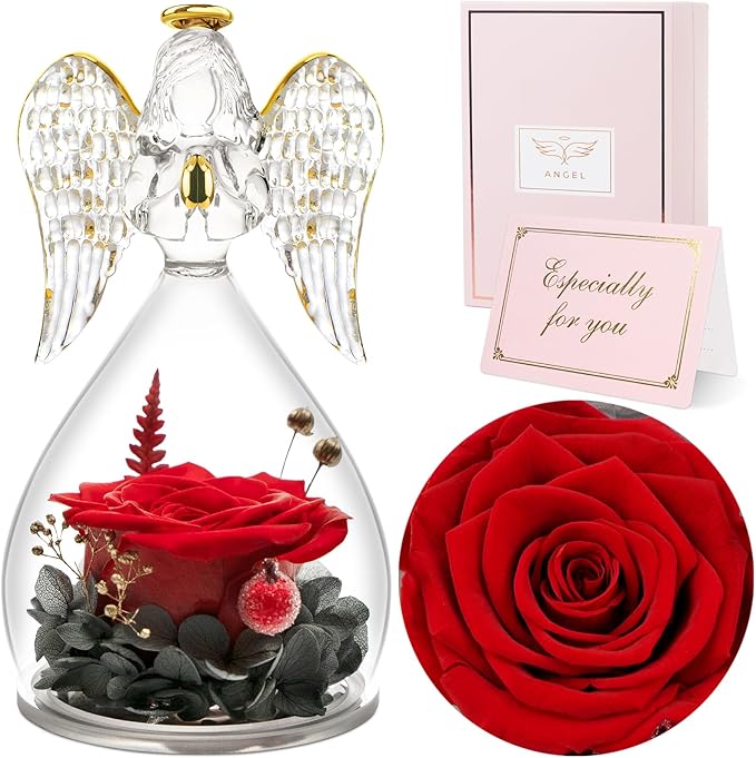 Sunia Preserved Flower Rose Gift for Women - Mother's Day Birthday Gifts for Mom Wife Grandma, Glass Angel Figurines Forever Real Roses Gifts for Her Valentine Day Thanksgiving﻿ (Red)