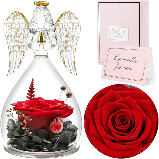 Sunia Preserved Flower Rose Gift for Women - Mother's Day Birthday Gifts for Mom Wife Grandma, Glass Angel Figurines Forever Real Roses Gifts for Her Valentine Day Thanksgiving﻿ (Red)