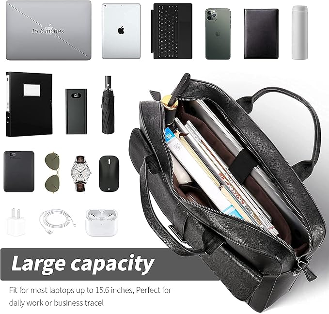 ESTARER Laptop Briefcase 15.6 Inch, Men’s Briefcase for Business/Travel, Leather Computer Office Work Bag, Water Resistant Laptop Bag, Black