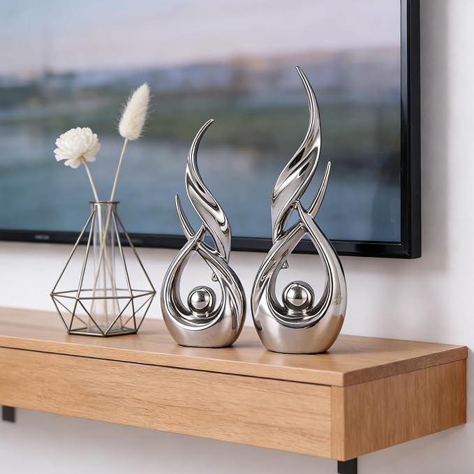 2 PCS Silver Ceramic Statues For Home Decor Accents, Modern Abstract Art Sculptures, Elegant Tabletop Decorative Objects For Dining Room, Entryway, Tv Stand, Mantel, Coffee Table Centerpieces