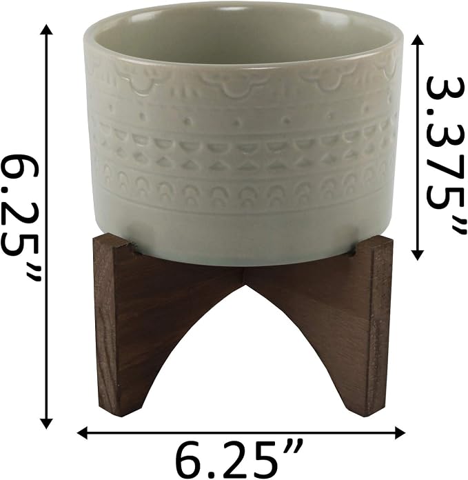 Flora Bunda 5 Inch Mayan Ceramic Planter on Wood Stand Mid Century,Matte Sage 5"