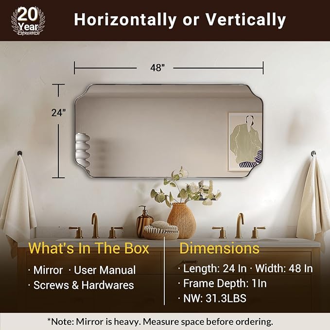 ANDY STAR 24x48 Inch Bathroom Mirror, Brushed Nickel Rectangle Mirror, Scalloped Mirror for Bathroom Sink, Rust-Poof Stainless Steel Thin Frame, Rounded Notched Corners Design