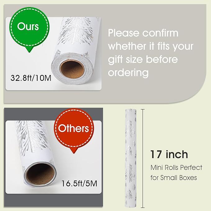 Flyhill Kraft Christmas Wrapping Paper,Silver Gold 3D Embossed Foil Christmas Tree with Woodlands Wrap Paper for Holiday, Party,Celebration, New Year (17 Inch X 32.8 Feet)